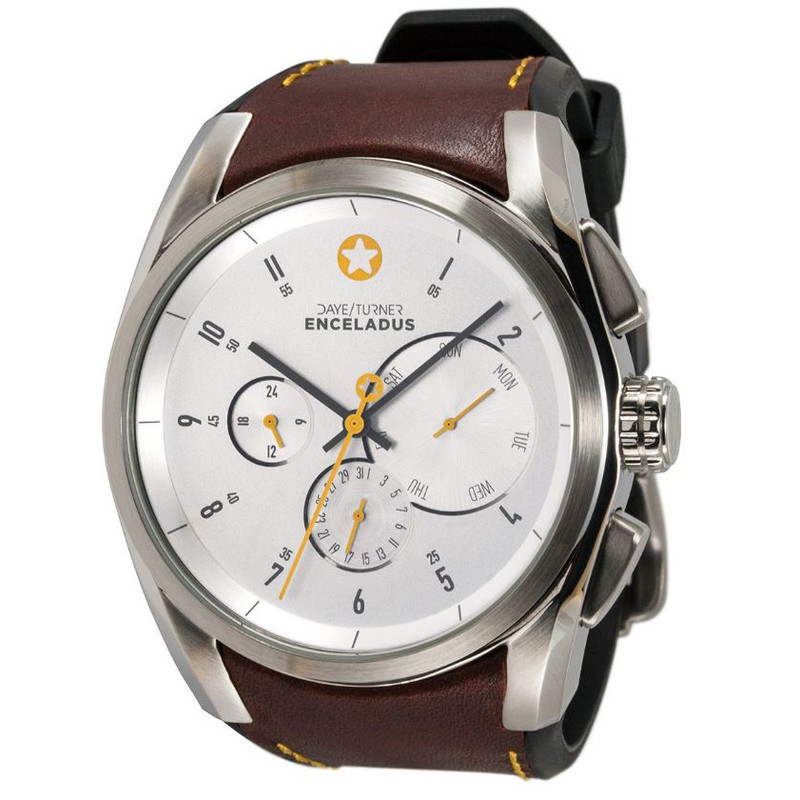 DayeTurner Clock ENCELADUS men's analogue watch, silver - light brown leather strap
