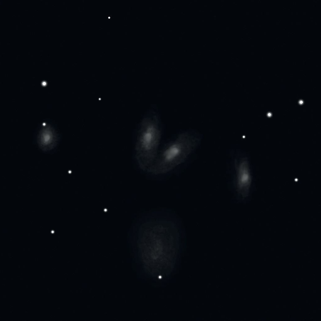 Drawing of Stephan’s quintet as viewed through an
18 inch Dobsonian at 300× magnification. Rainer Mannoff