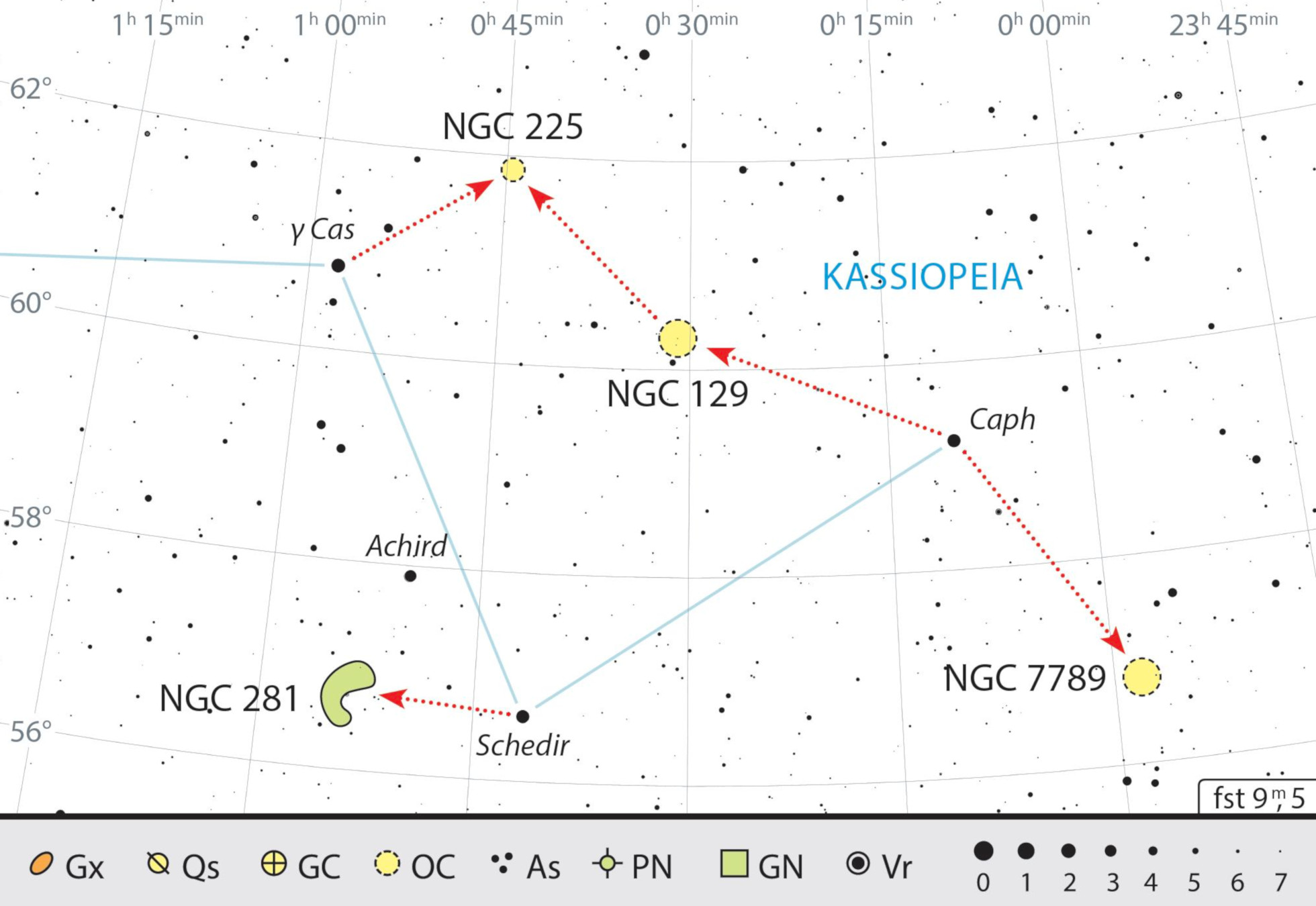 A chain of star clusters is the destination of this tour. Nebula NGC 281 is a special challenge. J. Scholten