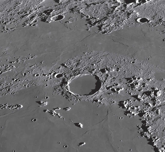 The crater Plato is completely flooded with lava. NASA/GSFC/Arizona State University