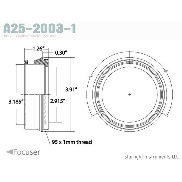 Starlight Instruments 2.5" - 95x1mm male thread adapter, 0.9" L (this is our FTF25 series teflon-coupled collar)