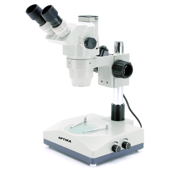 Optika SZR-10 trinocular stereo zoom microscope, pillar stand, 2 light sources
