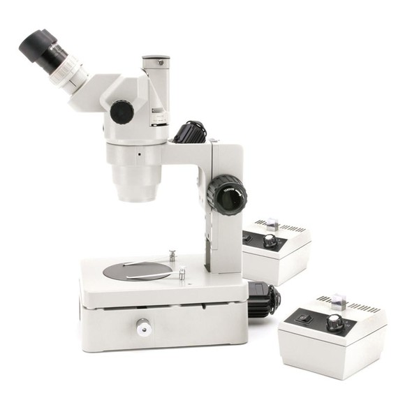 Optika SZR-8 trinocular stereo zoom microscope, base with light, 2 light sources