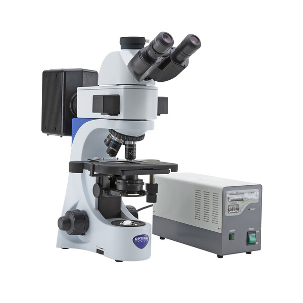 Optika Microscope Mikroskop B-383FL-UKIV, trino, FL-HBO, B&G Filter, N-PLAN, IOS, 40x-1000x, UK, IVD