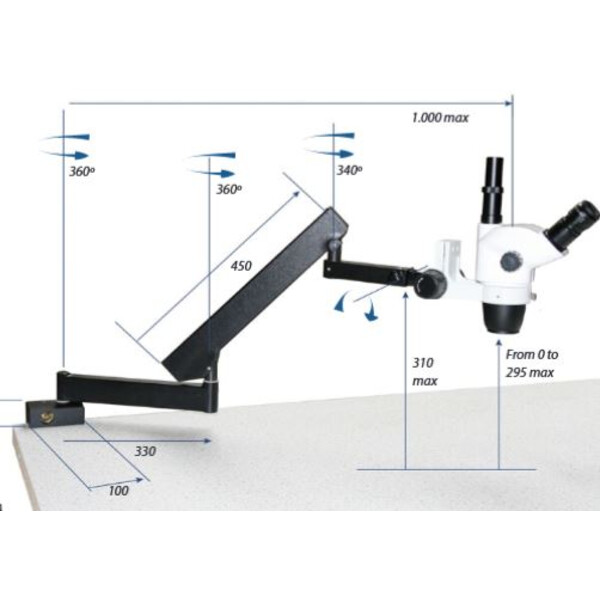 Euromex Stereo zoom microscope NZ.1903-A,  6.7x to 45x, articulated stand., base plate, w.o. illumination, trino