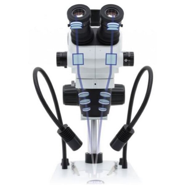 Optika Stereo zoom microscope SZO-5 , bino, 6.7-45x, Säulenstativ, Auf-, Durchlicht, Doppelspot