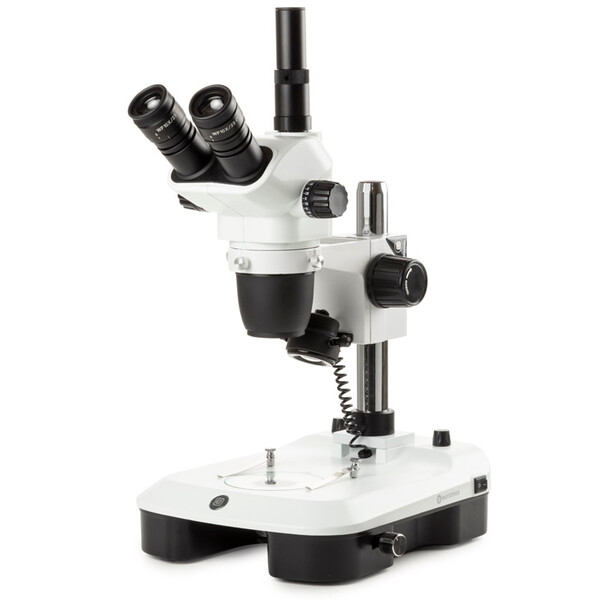 Euromex Stereo zoom microscope NZ.1703-M, 6.5-55x, Säule,  Auf-u. Durchlicht, trino, Spiegel f. Dunkelfeld, Embryologie