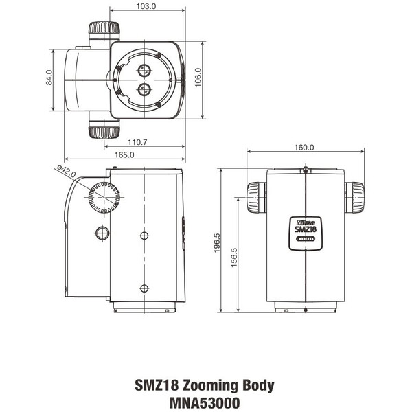 Nikon SMZ18, manual, parallel optics, Achromat, Zoom Head, bino, 7.5-135x, click stop, ratio 18:1, 15°