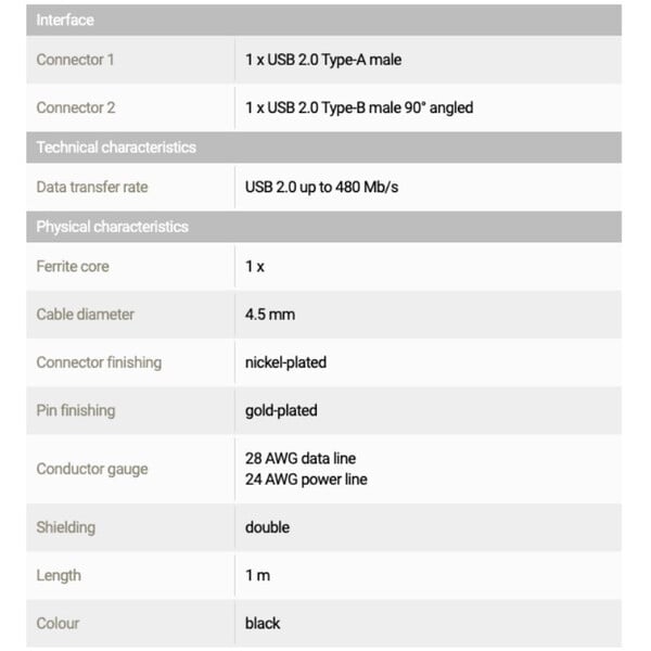 PegasusAstro USB-Cables 2x USB2.0 Type-B 1m