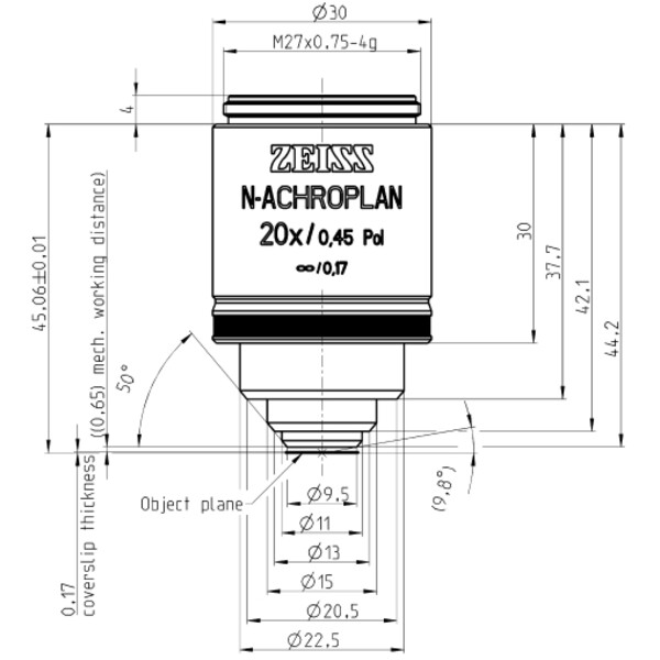 ZEISS Objective Lenses N-Achroplan 20x/0.45 pole wd=0.63mm