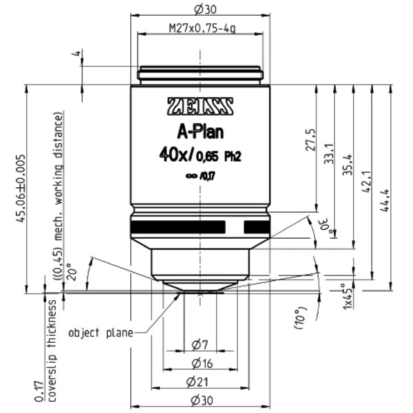 ZEISS Objective Lenses A-Plan 40x/0.65 Ph2 wd=a=0.45mm
