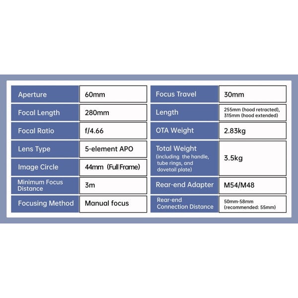 ToupTek Apochromatische refractor HOPE D60 60/280 f/4.66
