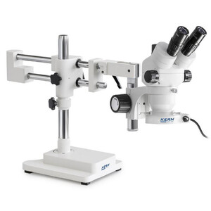 Kern Microscopio stereo zoom OZM 923, trino, 7-45x, HSWF 10x23 mm, Trípode de doble brazo, 430x480 mm, con tablero, Iluminador anular LED 4,5 W