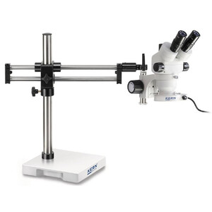 Kern Microscopio stereo zoom OZM 932, bino, 7-45x, HSWF 10x23 mm, Trípode de doble brazo, 430x480 mm, con tablero, Iluminador anular LED 4,5 W