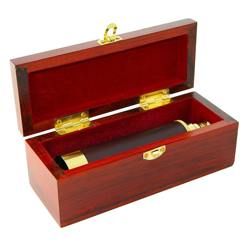 Omegon 12x30 brass pocket telescope with storage box made of wood