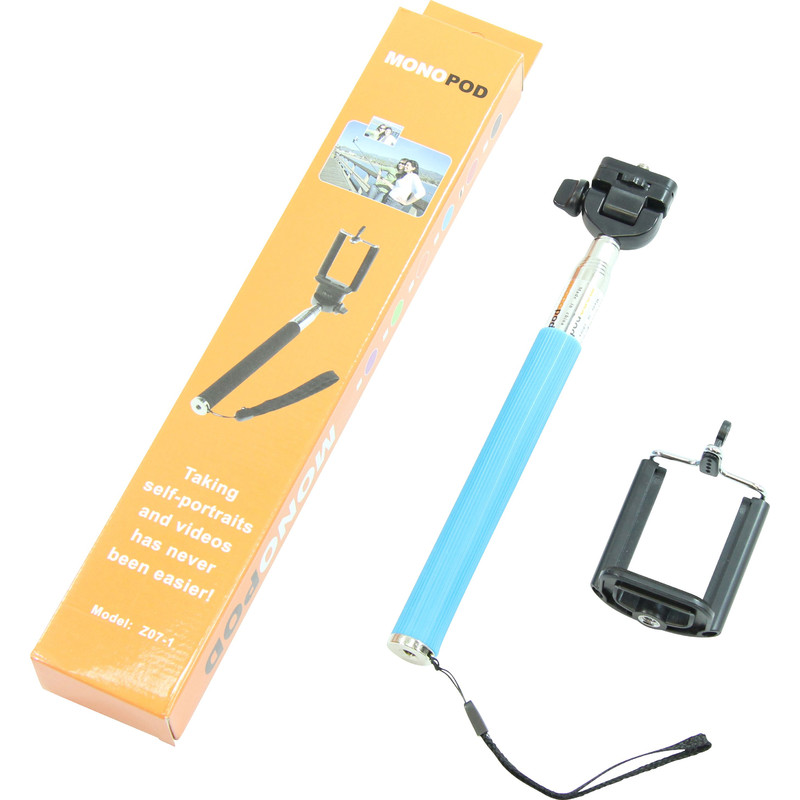 Aluminium monopod Selfie stick for smartphones and compact photo cameras, blue