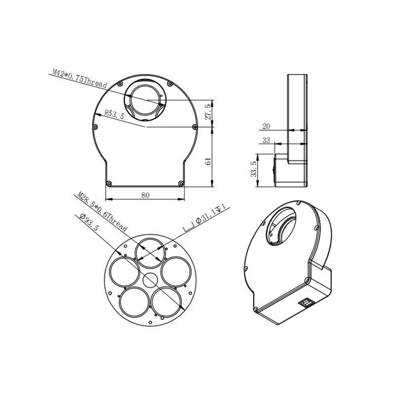 ZWO motorised Filter Wheel for 5x 1.25" or 5x 31 mm filters