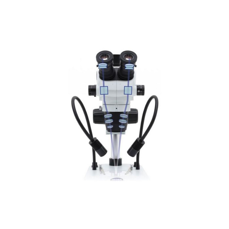 Optika Stereo zoom microscope SZO-10,  trino, 6.7-45x, überhängend, 2-Arm, ohne Beleuchtung