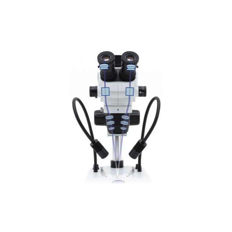 Optika Stereo zoom microscope SZO-3, bino, 6.7-45x, Pillar stands, Reflected and transmitted light