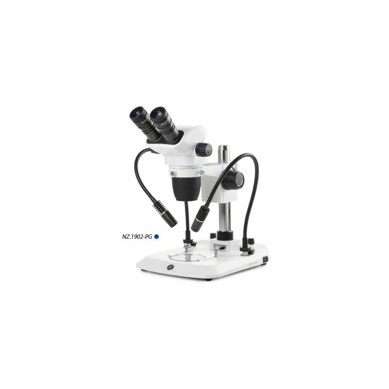 Euromex Microscopio stereo zoom NZ.1702-PG, 6.5-55x, Columna, 2 Cuellos de cisne, Luz transmitida, Binocular