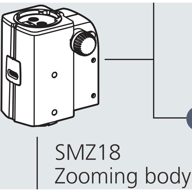 Nikon SMZ18, manuale, ottica parallela, acromatico, testa zoom, binoculare, 7,5-135x, click stop, rapporto 18:1, 15°