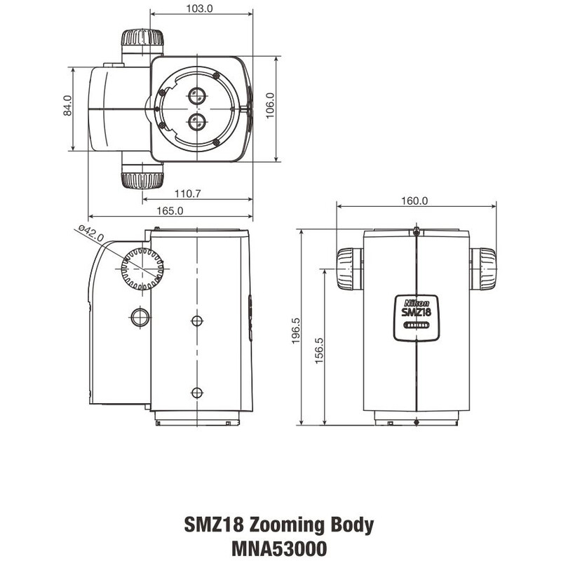 Nikon SMZ18, manuale, ottica parallela, acromatico, testa zoom, binoculare, 7,5-135x, click stop, rapporto 18:1, 15°