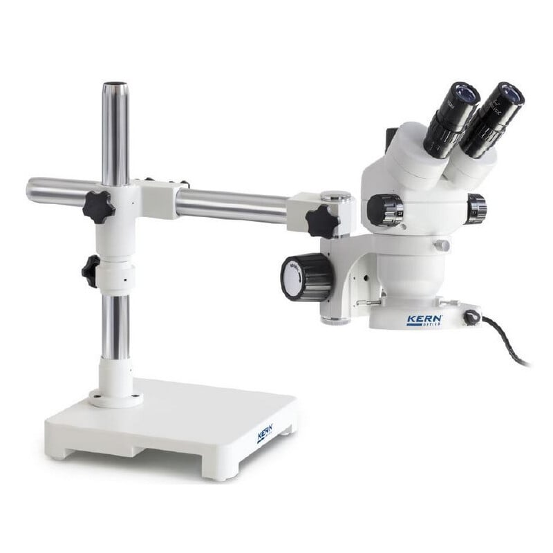 Kern Microscopio stereo zoom OZM 902, binoculare, 7x-45x, HSWF, treppiede, braccio singolo con piano d'appoggio, lampada ad anello LED 4,5 W