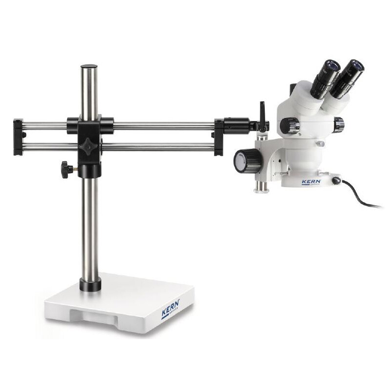 Kern Microscopio stereo zoom OZM 933, Trípode, 7-45x, HSWF 10x23 mm, soporte, brazo doble, 614x545 mm, con tablero de mesa, luz anular LED 4,5 W