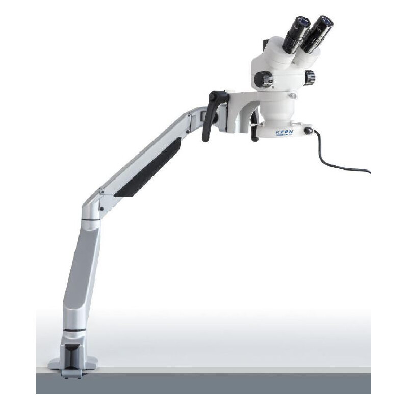Kern Microscopio stereo zoom OZM 982, bino 7-45x, HSWF 10x23 mm, stativo a braccio articolato, molla, morsetto da tavolo, luce anulare LED 4,5W