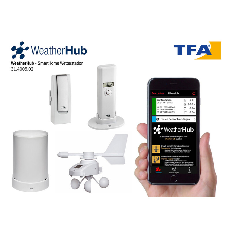 TFA Set de estación meteorológica con transmisor de clima, lluvia y viento WEATHERHUB