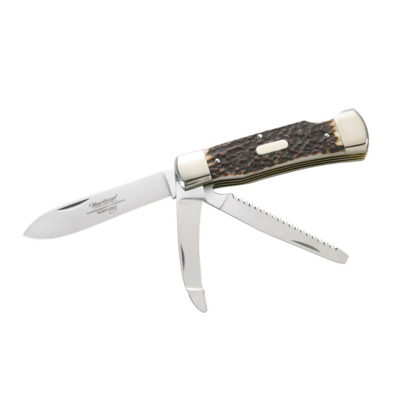 Hartkopf-Solingen Coltelli Coltello da tasca da caccia, corno di cervo, lama in acciaio 1.4110