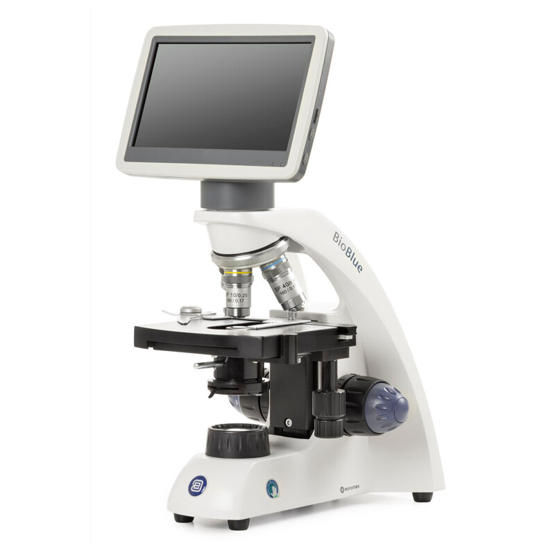Euromex Microscopio BioBlue, BB.4220-LCD, pantalla LCD de 7 pulgadas, objetivos SMP 4/10/S40x, DIN, 40x - 400x, 10x/18, LED, 1W, mesa en cruz