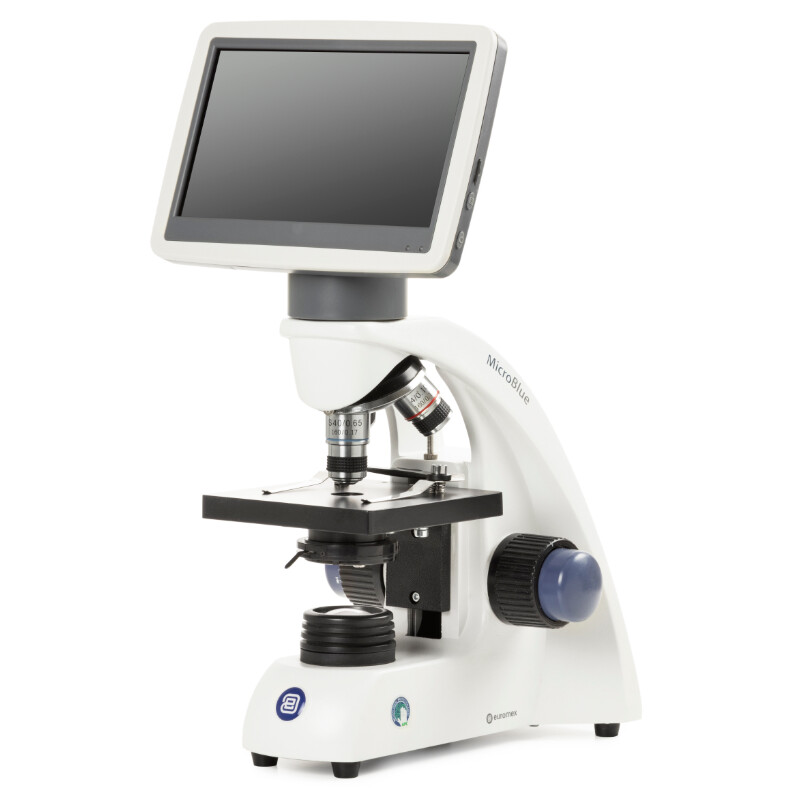 Euromex Microscope MicroBlue, MB.1001-LCD, 5.6 inch LCD screen, Achr. 4/10/S40x Lenses, DIN 35mm perf., 40x - 400x, LED 1W, simple specimen stage