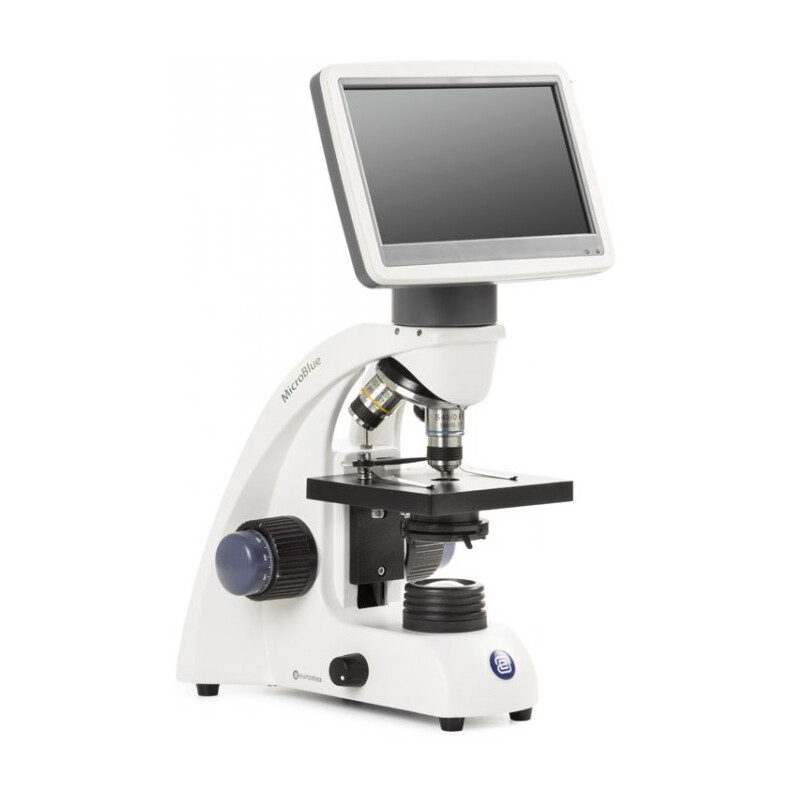 Euromex Microscopio MicroBlue, MB.1051-LCD, schermo LCD da 5,6 pollici, obiettivi Achr. 4/10/S40x, DIN 35mm perf., 40x - 400x, LED, 1W, tavolo a croce