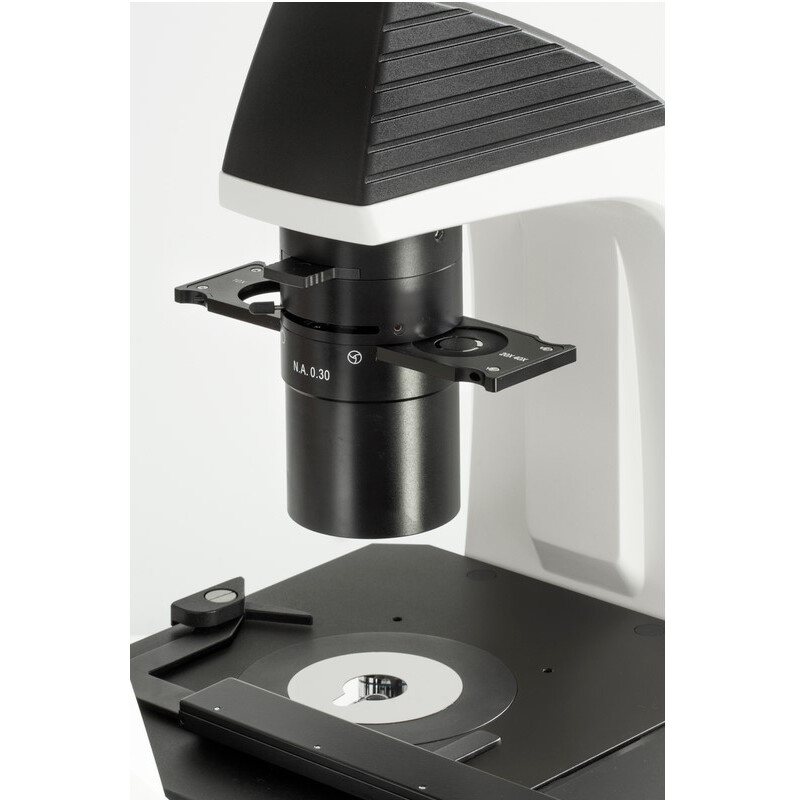 Kern Microscopio invertito OCM 166, FL, PH, trino, inverso, condensatore Abbe N.A. 0,3 fisso, 10x-40x, LED 30W, Al, 100W HBO, Dl